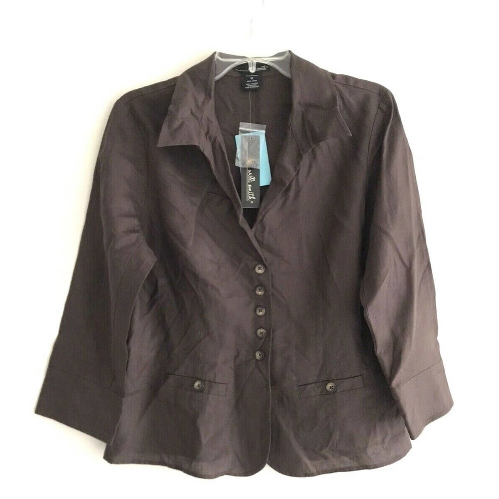 Willi Smith | Linen Button Front Collar Shirt Womens 12 Brown 3/4 Sleeves Top